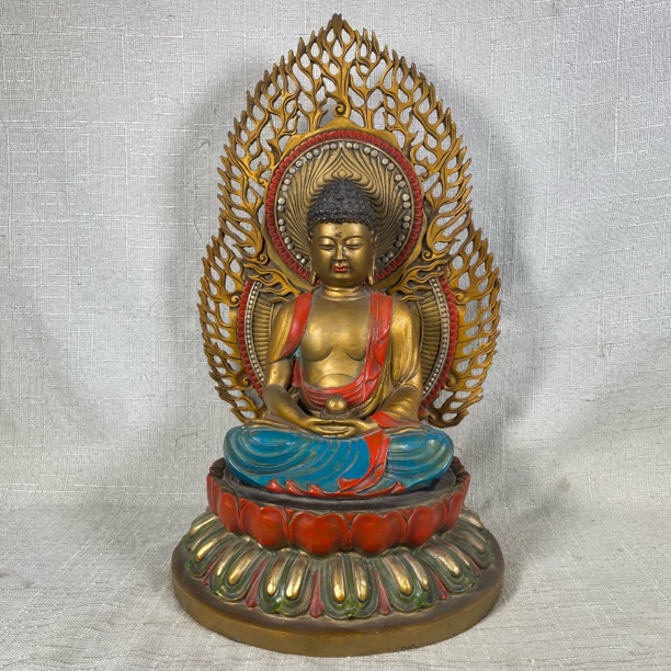 当代仿制 铜鎏金彩绘背光佛坐像 高41 宽22厘米