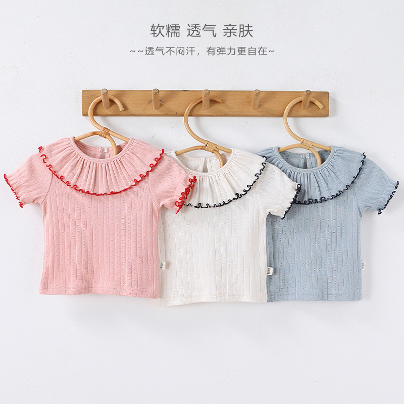 女童花边短袖T恤夏装新款女宝宝花边领上衣婴儿衣服