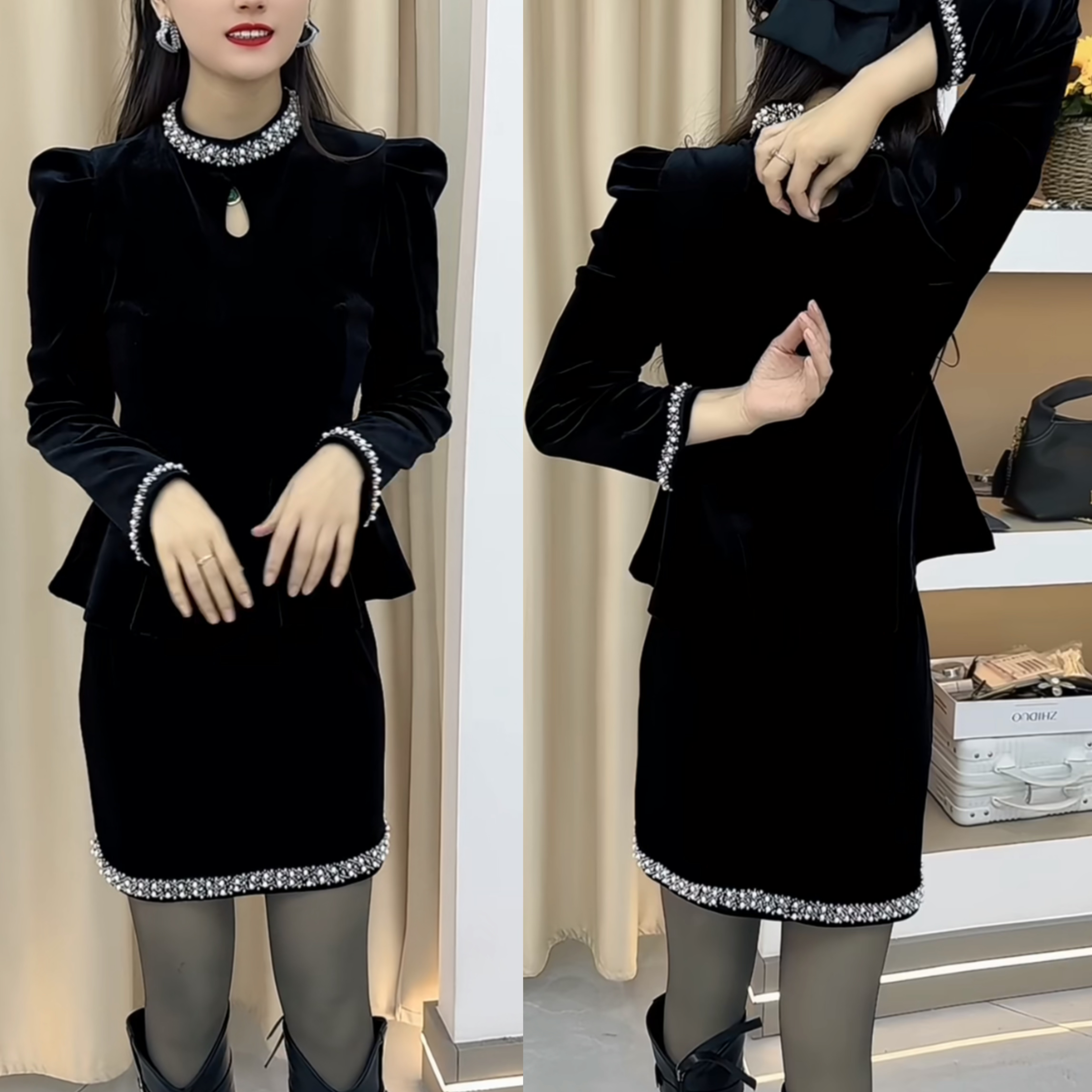 洋气套装女气质百搭顶珠上衣搭配半身短裙两件套女88555