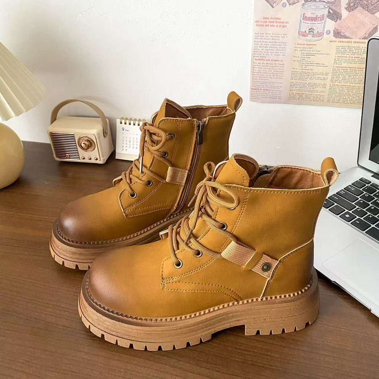 A9860 黄色 厚底复古马丁靴女2025新款百搭大黄靴英伦风chic短靴