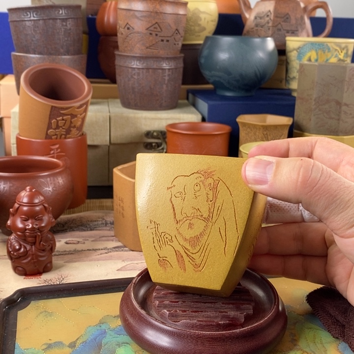 紫砂茶杯四方黄金段泥主人杯