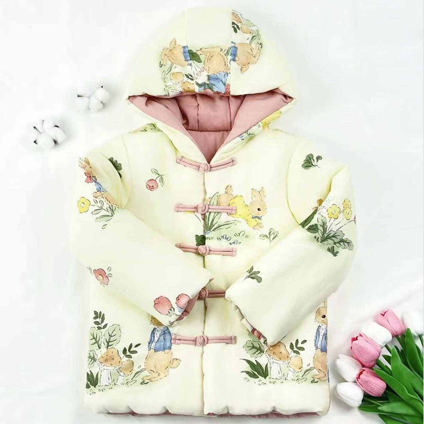 儿童新款棉花手工棉袄纯棉加厚棉衣连帽印花宽松外套盘扣棉服外穿