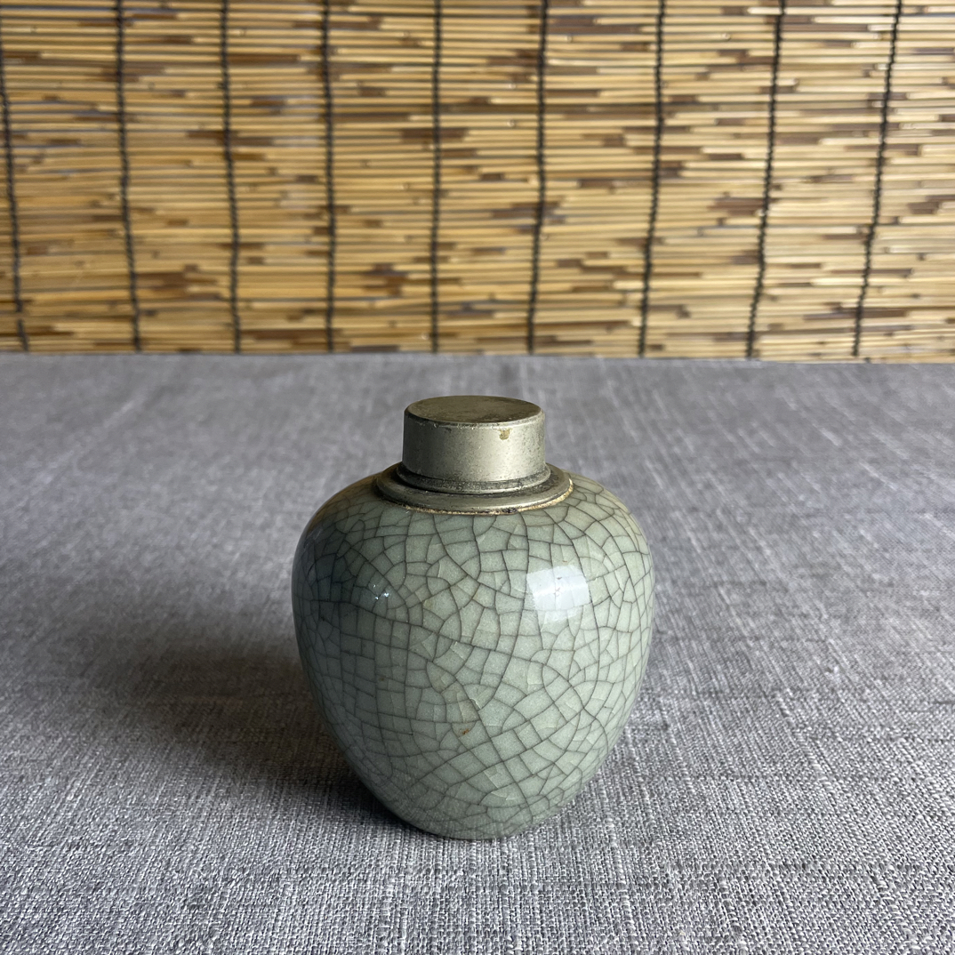 【哥釉锡口锡盖茶入】冰裂纹开片 茶叶罐藏玩孤品