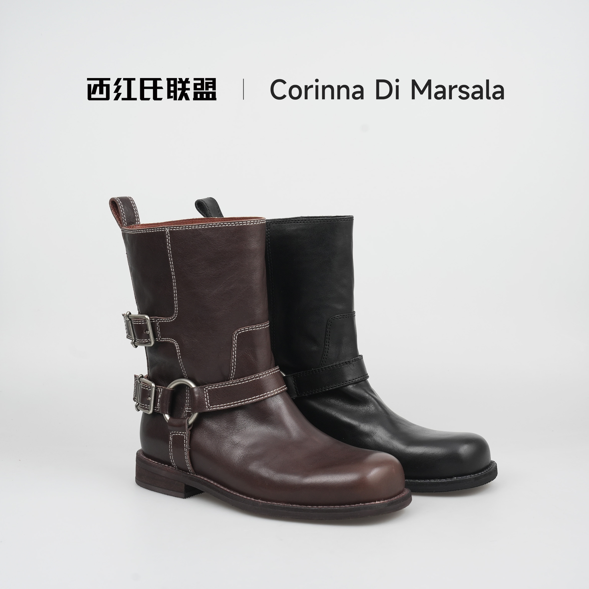 【西红氏&UU】秋冬新款真皮时装靴百搭粗跟中筒女靴跟高2.5cm