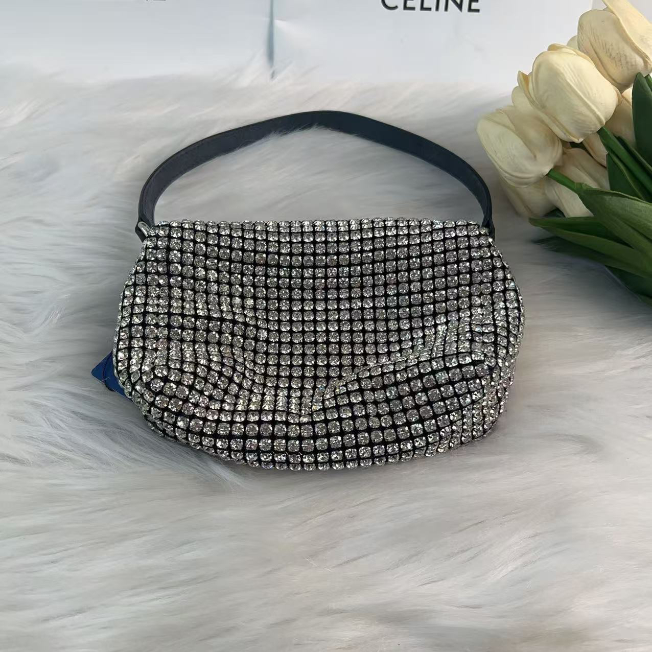 95新 Alexander McQueen/亚历山大·麦昆 亚历山大水钻手提包