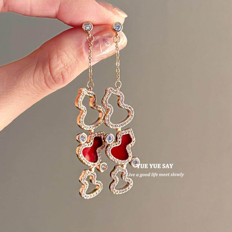 铜合金锆石耳饰 红运葫芦高级感新中式超亮流苏耳环复古国风耳饰