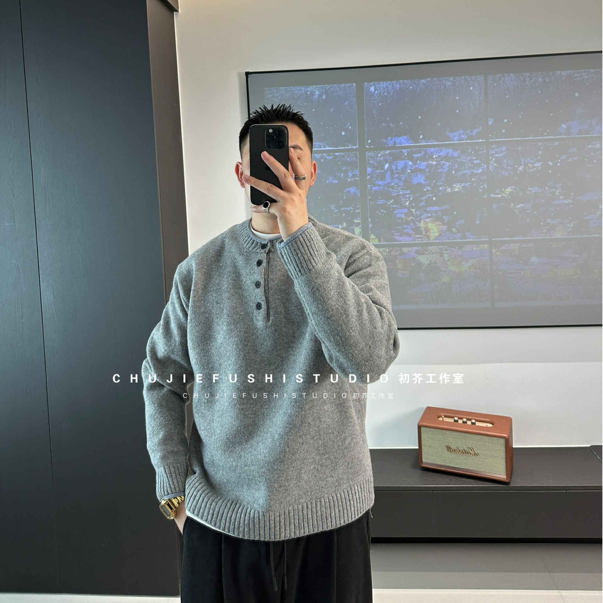 CHUJIE韩版时尚微宽松撞色亨利领休闲软弱舒适百搭针织毛衣
