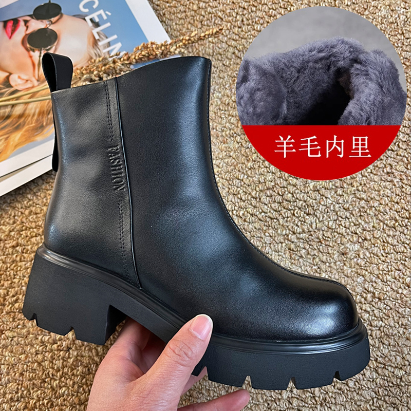 羊皮毛一体头层牛皮马丁靴女2025冬季新款厚底真皮保暖棉靴短靴子