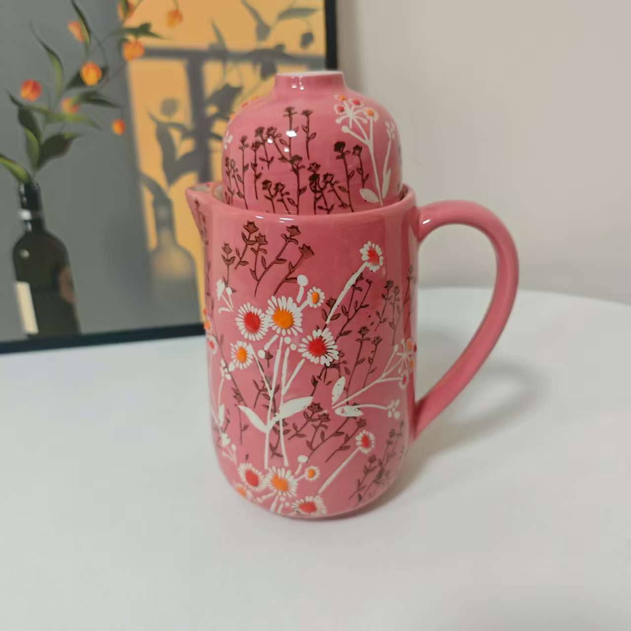 陶瓷粉红色蒲公英带盖水壶冷水壶（带杯）