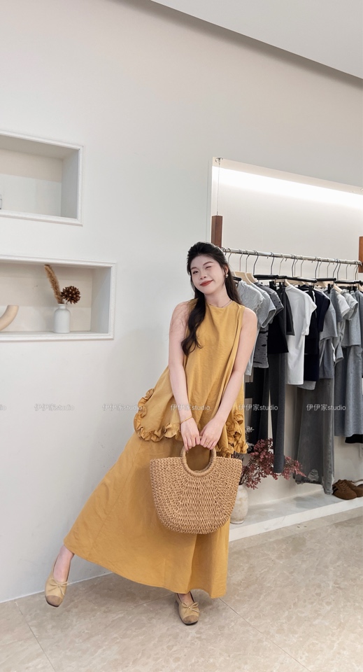 YYJ【荷叶花苞儿】夏日温柔风木耳边褶皱无袖套装（两件套套装）