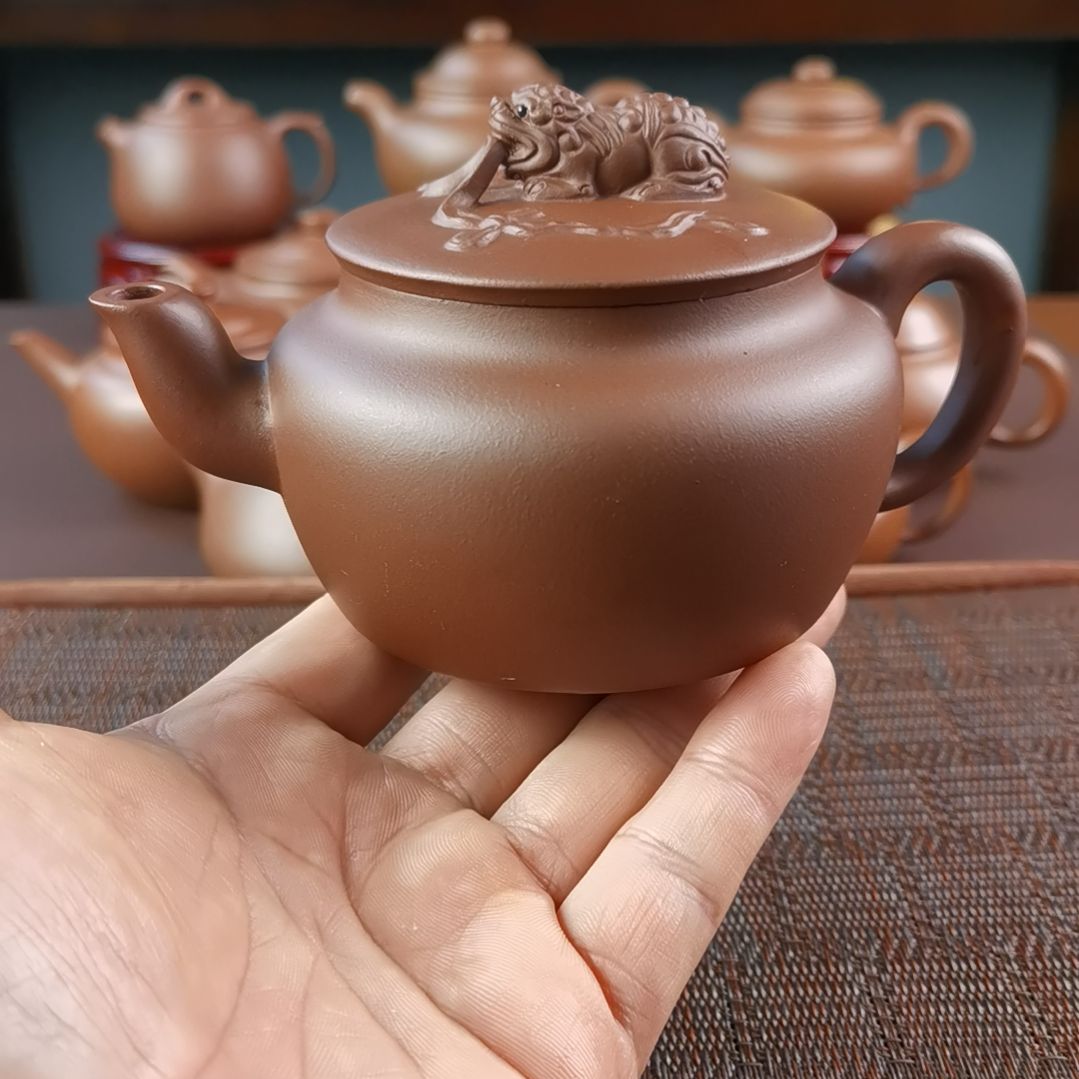 紫砂茶壶紫泥绶带狮钮300CC