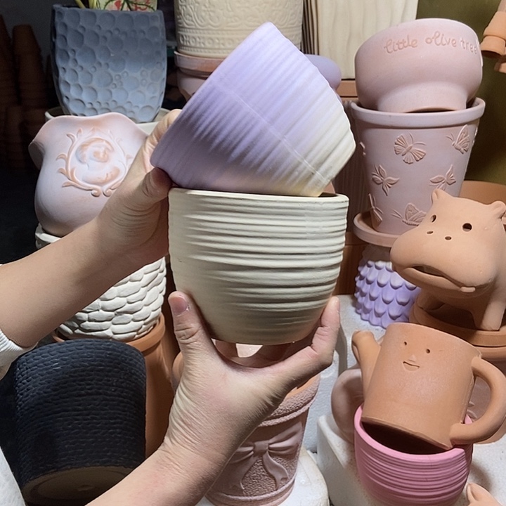 12×10拉丝盆 白+紫 粗陶2个