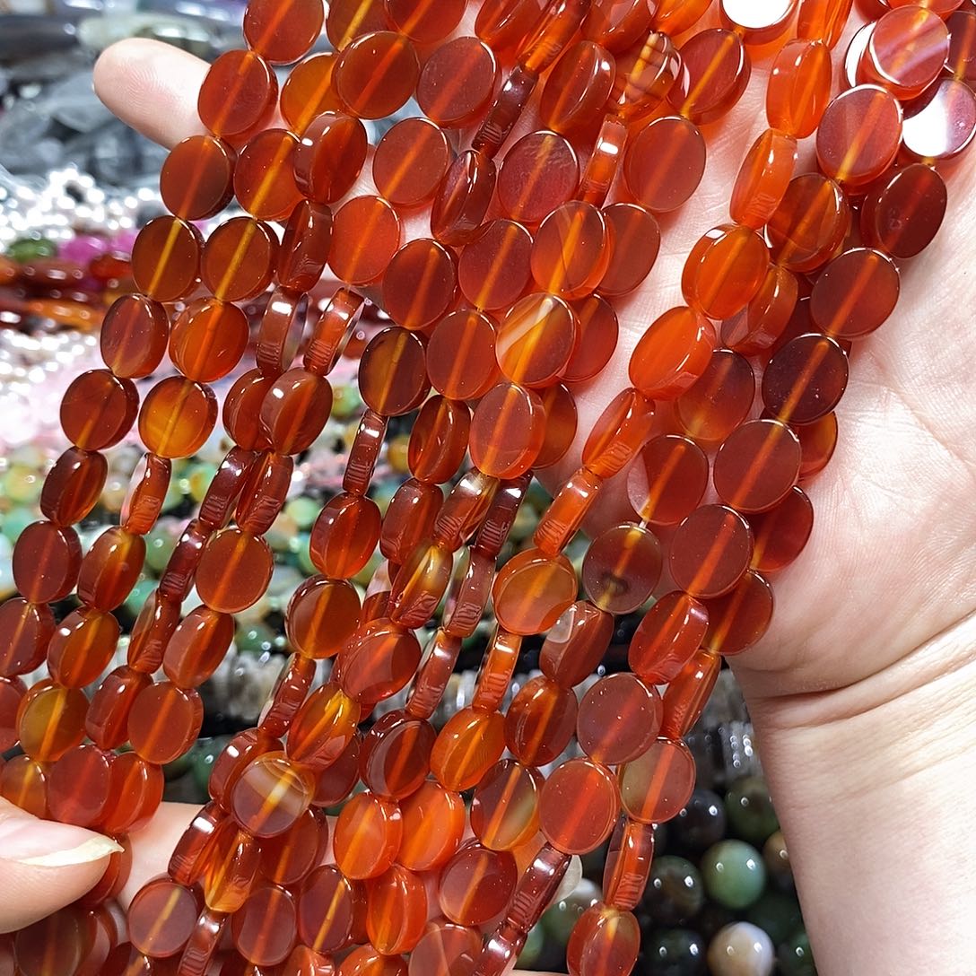 玛瑙/玉髓未镶嵌珠宝半成品红玛瑙圆饼一条卡10mm