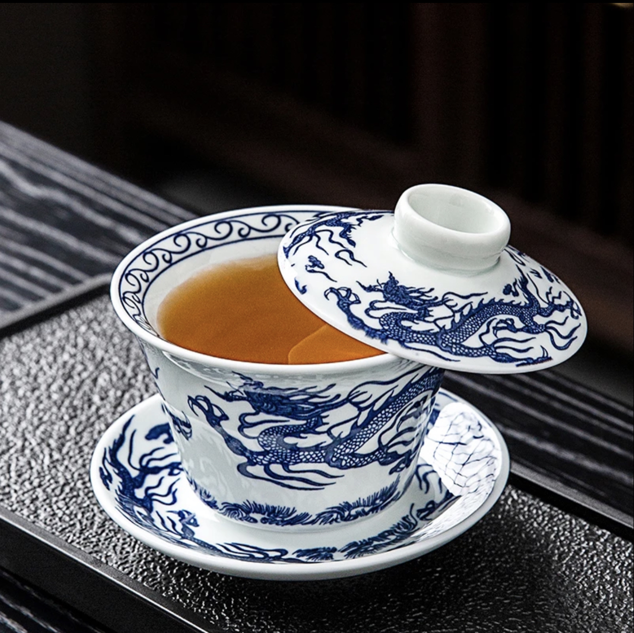 双龙戏珠三才盖碗中式茶杯单个家用陶瓷悬停茶碗不烫手泡茶具