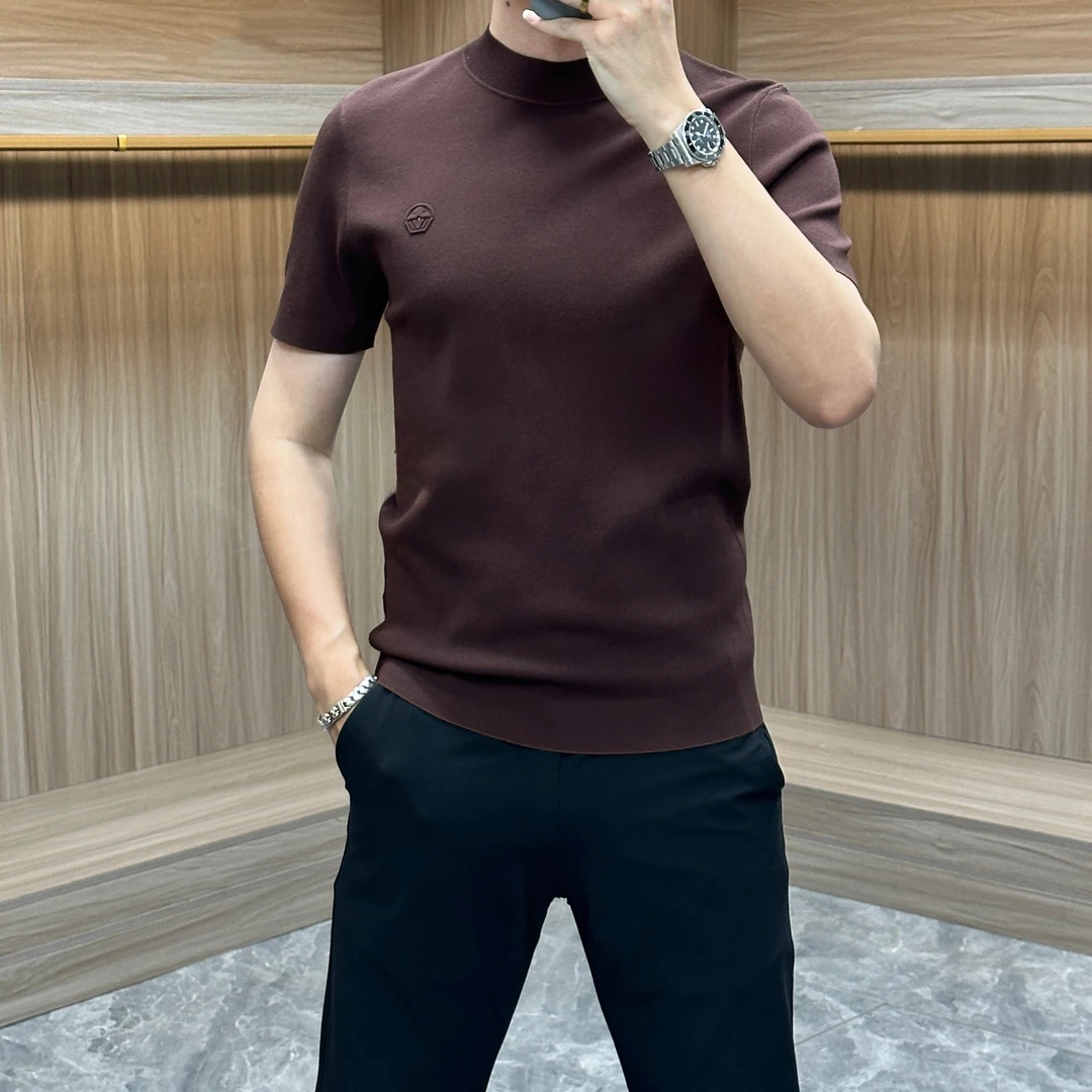 秋季男士新款针织短袖轻奢圆领T恤休闲百搭修身纯色刺绣打底衫