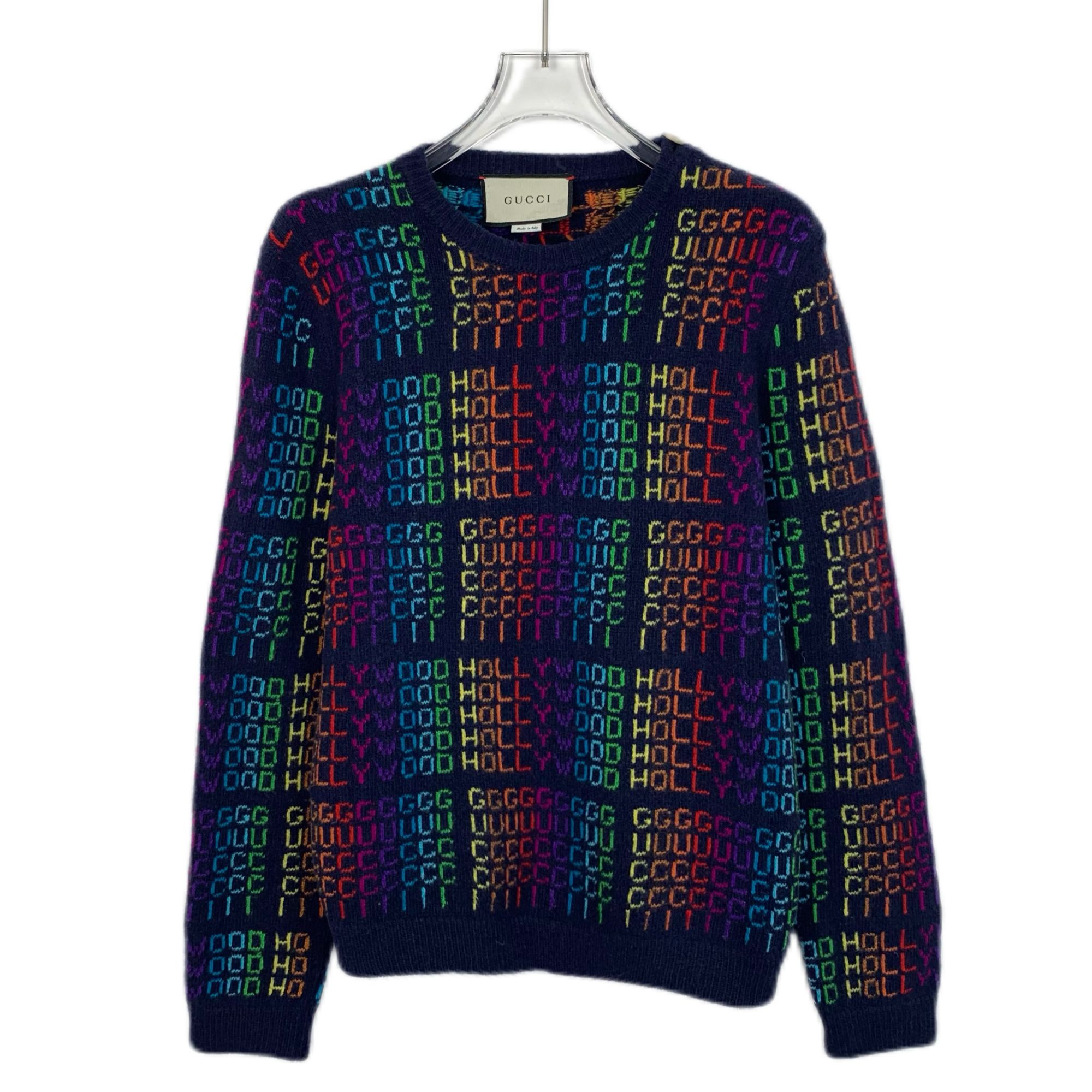 95新 GUCCI/古驰 H14099 拼色logo字母彩虹满印羊毛圆领长袖毛衣