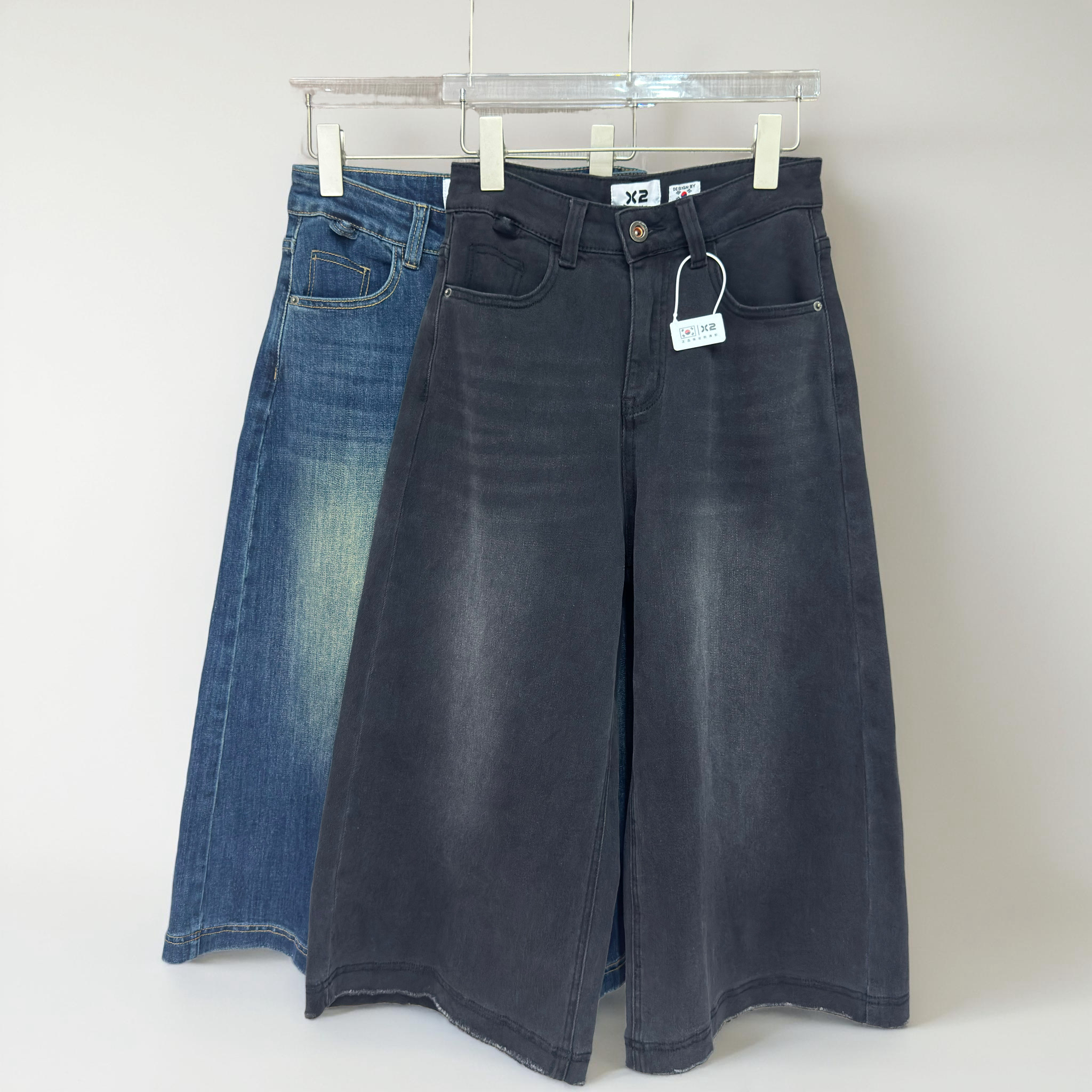 X2POPO韩版正版大码微胖显瘦百搭大弹力阔腿黑色软牛仔7分裤9分裤