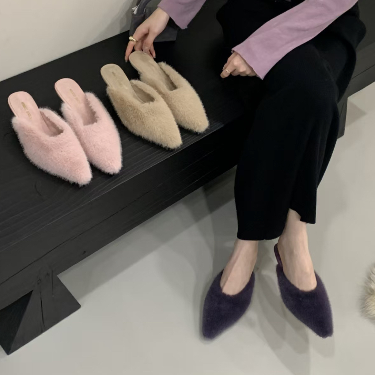 安安家 648-12 韩系尖头毛毛包头半拖细跟加绒秋冬新款百搭