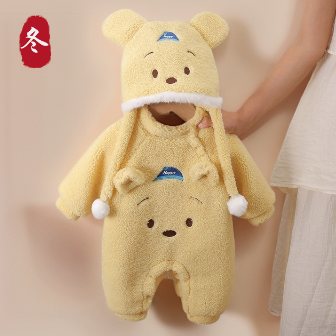 婴儿冬装加绒棉服宝宝毛毛衣超萌送帽子冬季外出抱衣0-1岁爬服