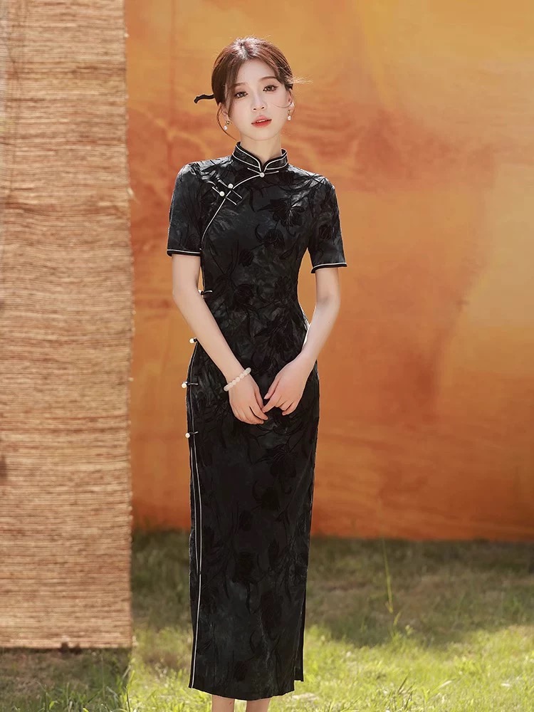 黑色旗袍2025新款夏季清爽透气修身新中式连衣裙国风女装修身长款