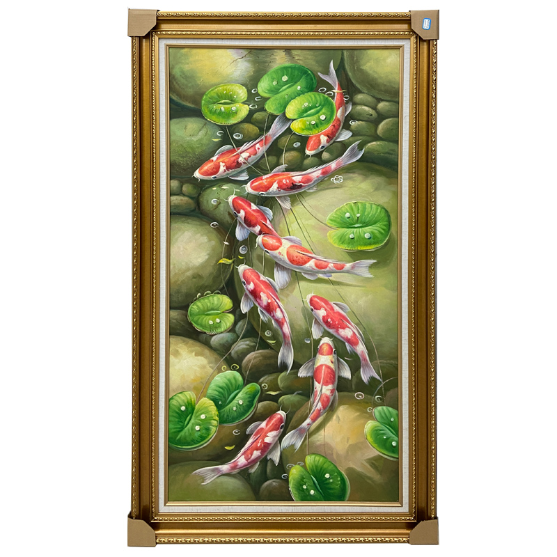带框新中式九鱼图纯手绘锦鲤动物油画实木画框
