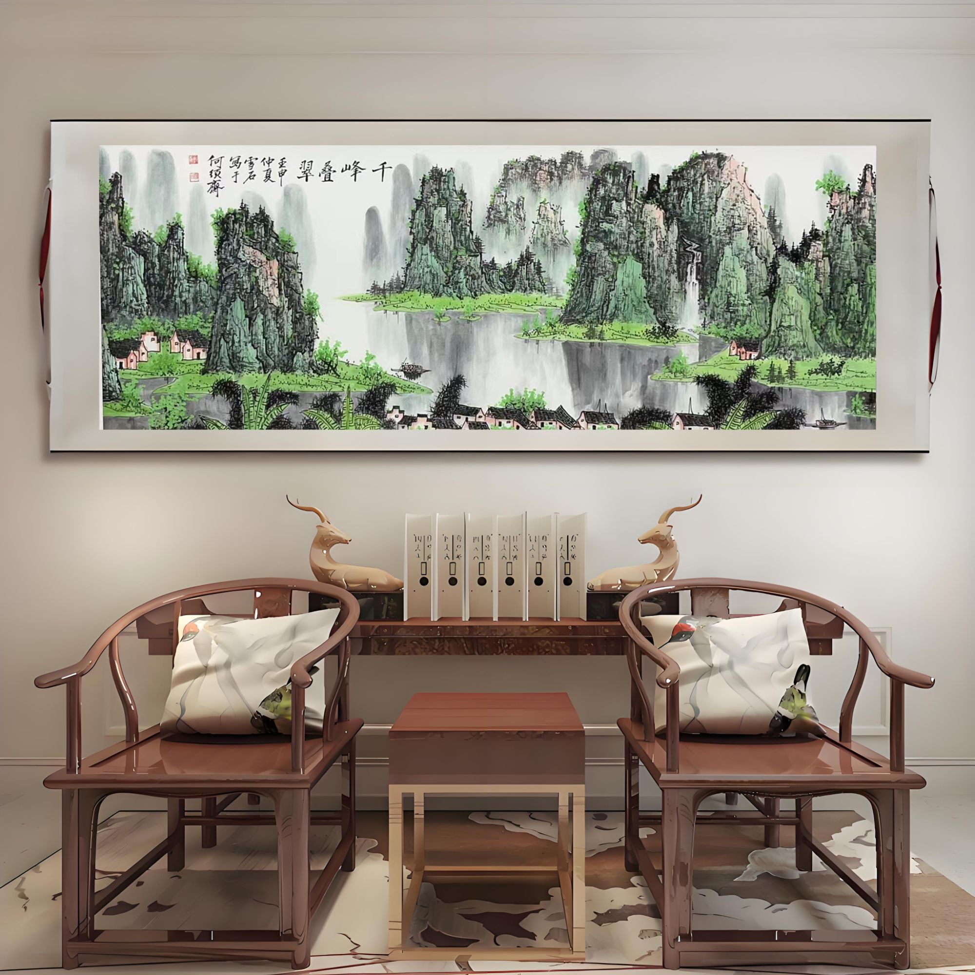 包邮六尺《千峰叠翠》中堂玄关画走廊画办公装饰画卷画芯软轴装裱