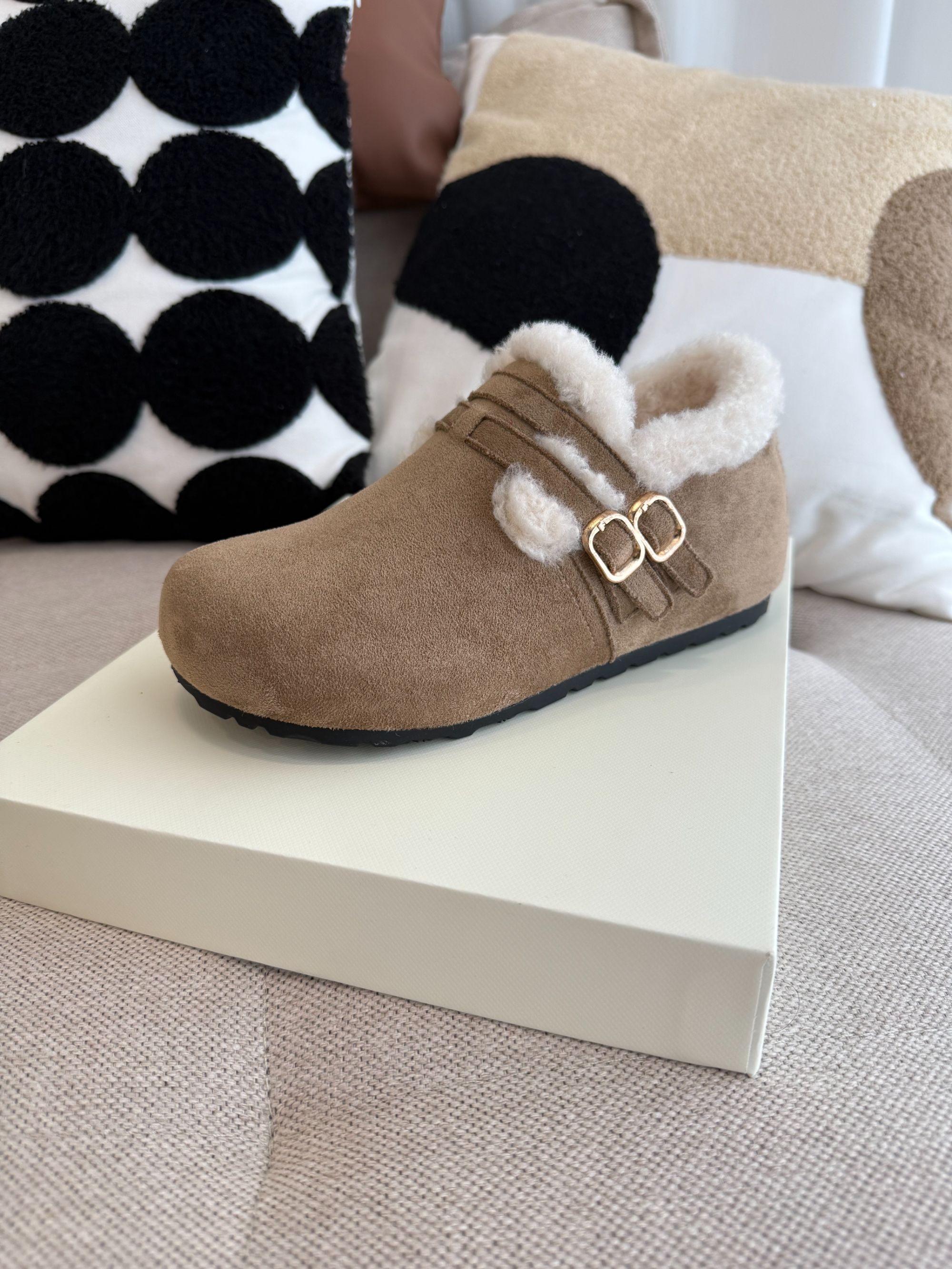 复古双环搭扣加绒勃肯鞋保暖萌系毛边保暖鞋