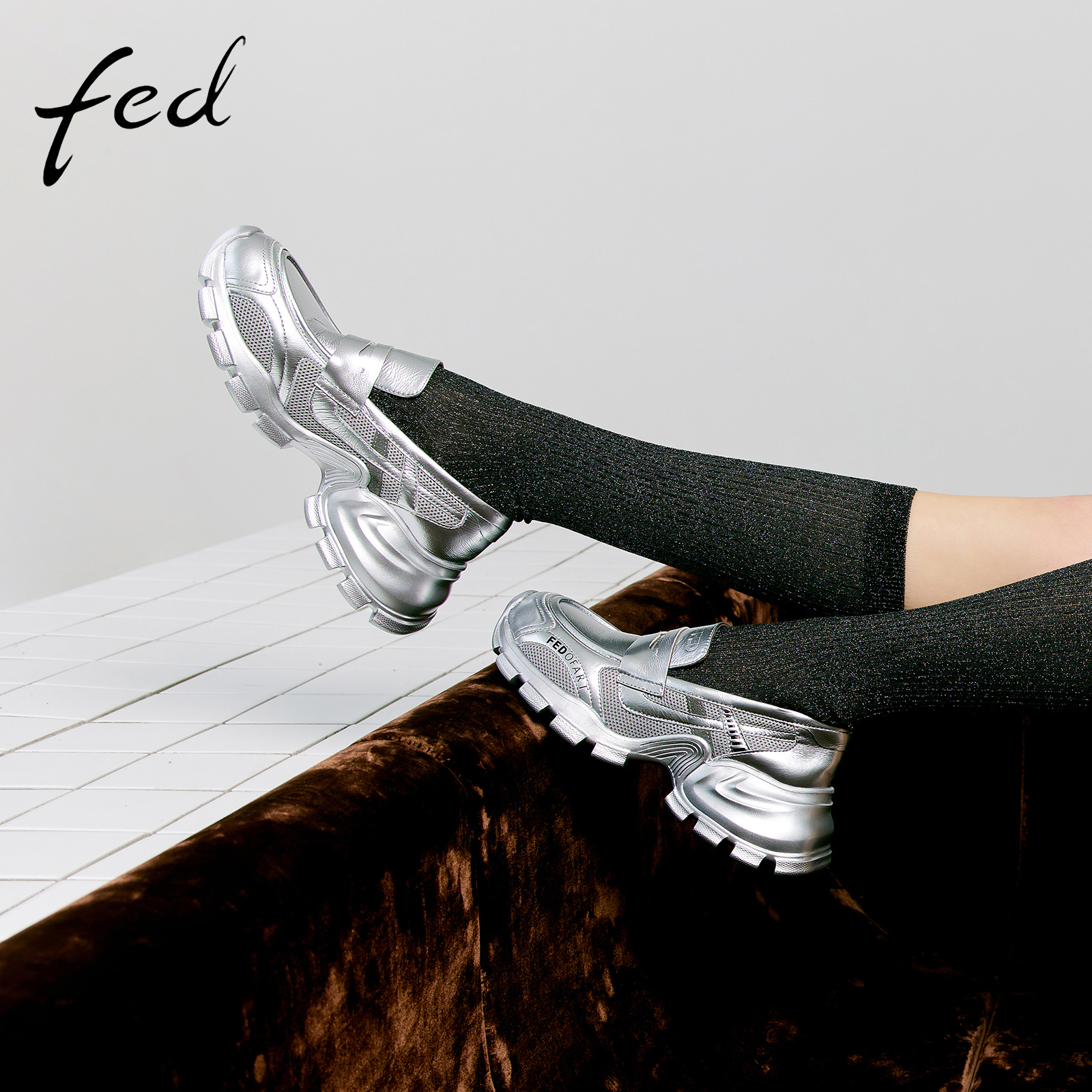 fed网面乐福鞋春季新款女鞋银色老爹鞋增高单鞋女款FBG506