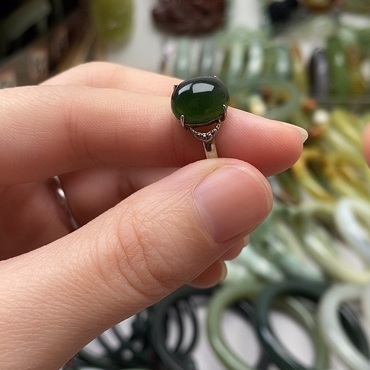 蛇纹石玉戒指银S925镀金镶嵌