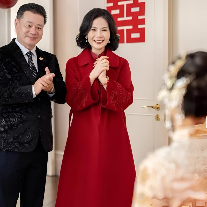 喜婆婆婚宴装毛呢外套女秋冬中长款2025新款高端羊毛呢子红色大衣