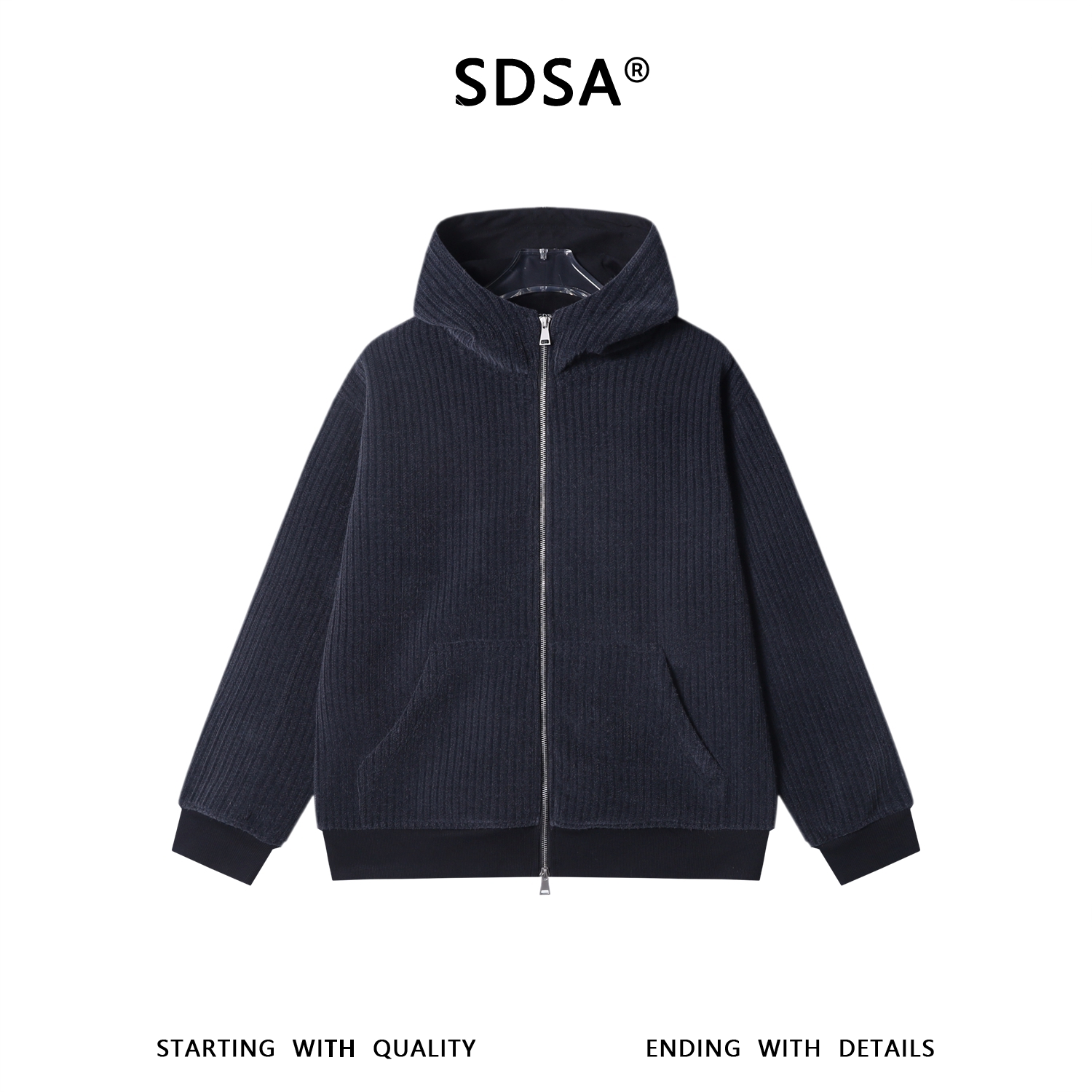 SDSA男士秋冬新款痞帅男装潮牌简约绒毛竖纹拉链立领连帽卫衣百搭
