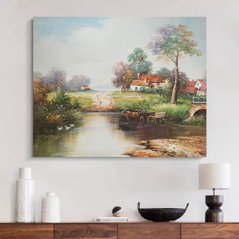 《溪村牧途》50*60含内框，刘春建手绘油画装饰画客厅背景墙挂画