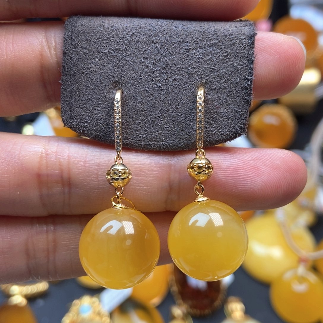 琥珀耳饰银S925镀金镶嵌