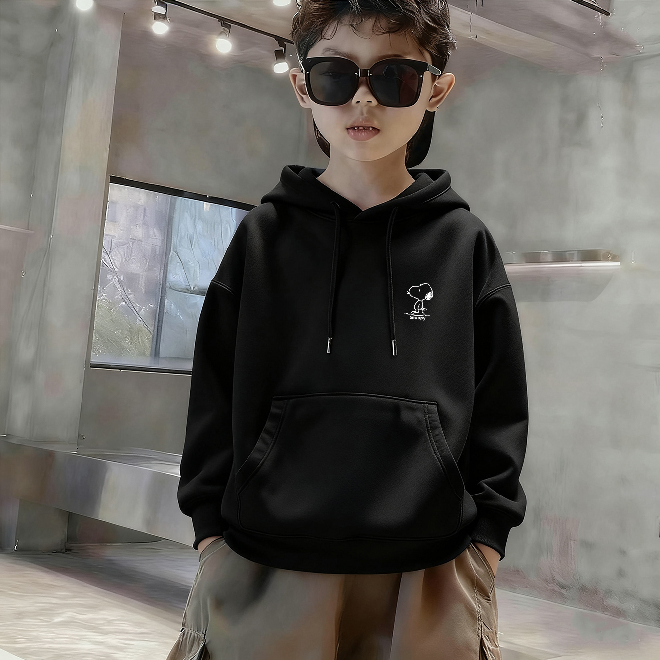 儿童中大童黑色连帽宽松卫衣男女童秋冬加绒洋气宽松百搭上衣外套