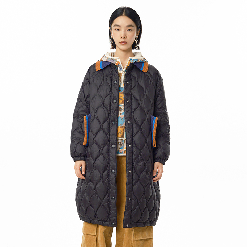 MOVEUP幻走2024冬季新款.FUN 撞色方形翻领长款羽绒服女324421258