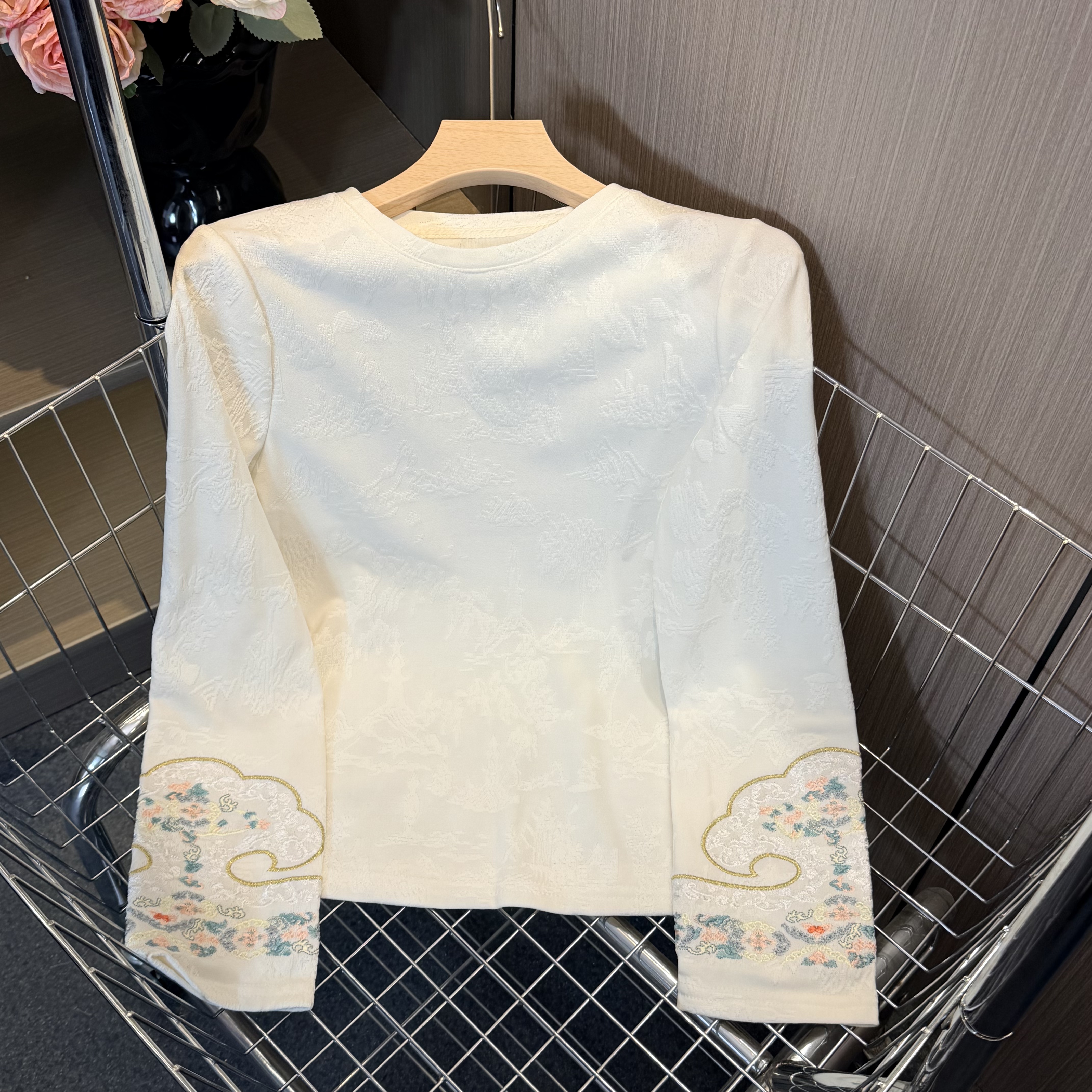 【如意袖】加绒加厚冬季精致刺绣新中式长袖提花高弹力女士打底衫