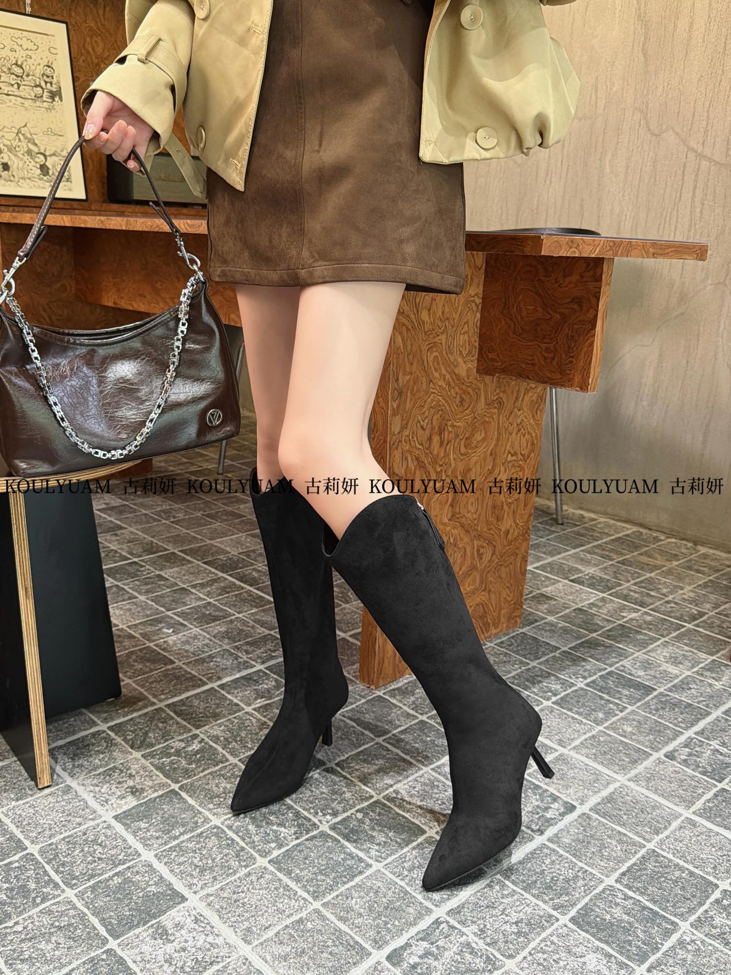 D88-5瘦瘦靴细跟长靴尖头时装靴秋冬过膝弹力靴加绒