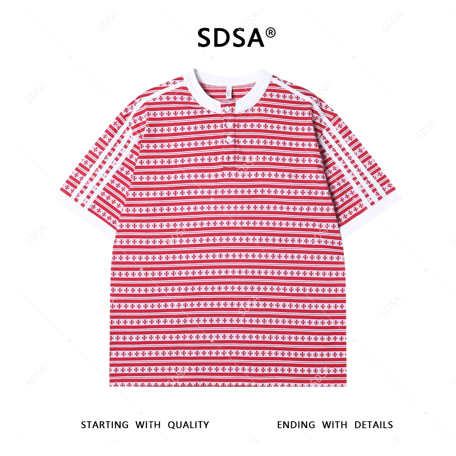 夏季高级感新款男士十字条纹半纽扣短袖T恤舒适百搭潮牌圆领上衣