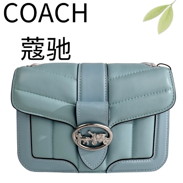 99新 COACH/蔻驰 浅蓝竖纹泡芙酒神斜挎包G25117365底长19X13