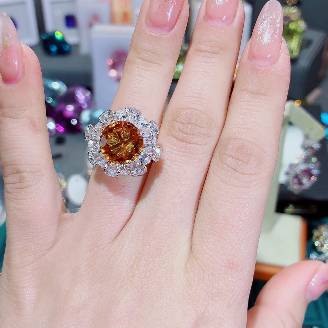 戒指黄晶银S925镶嵌戒指