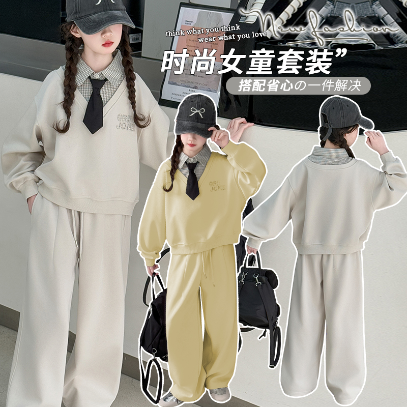 女童学院风纯色春秋休闲风套头宽松时尚亲子童装秋季假两件卫衣套