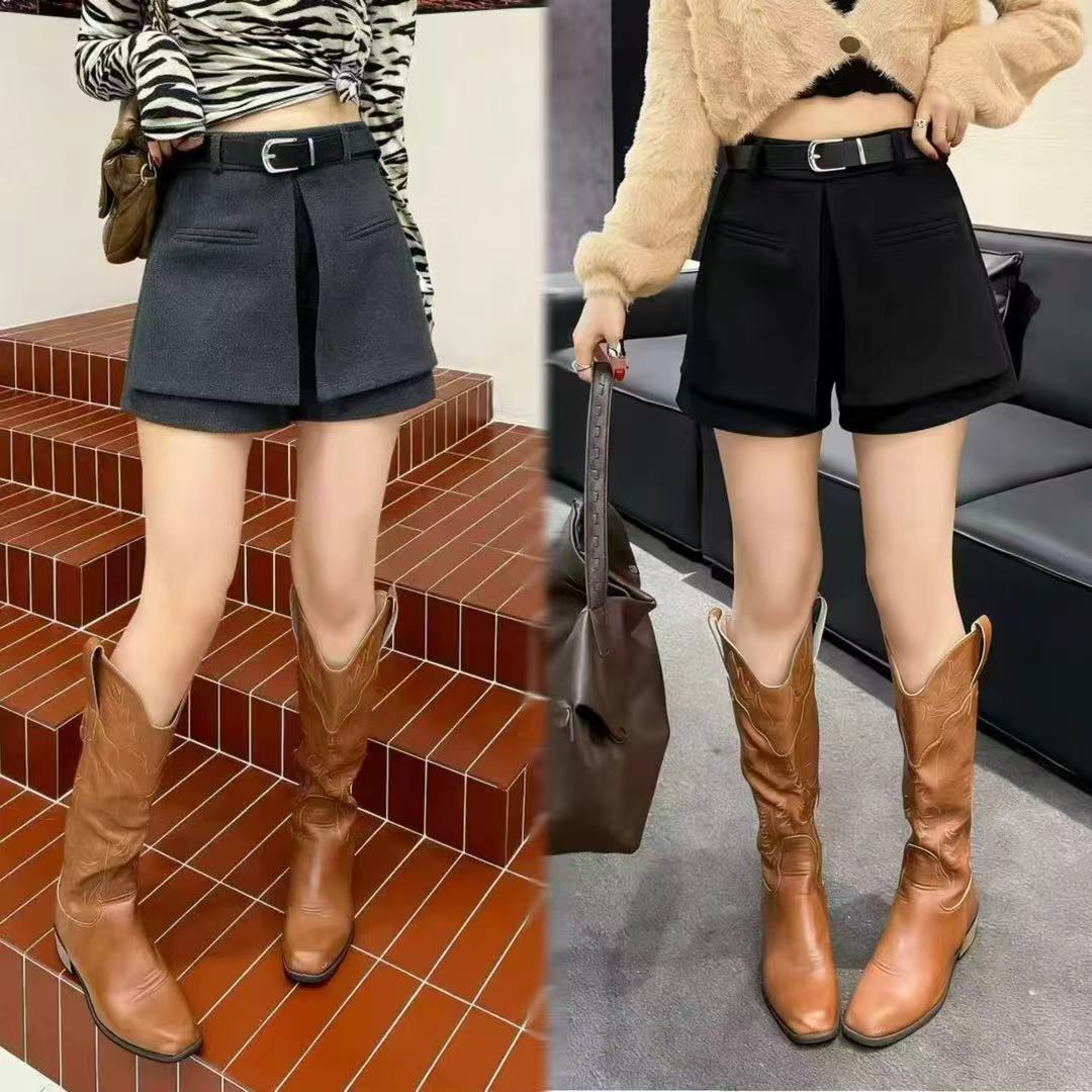 D8846假两件毛呢短裤女秋冬新款高腰呢子设计感开叉裤裙
