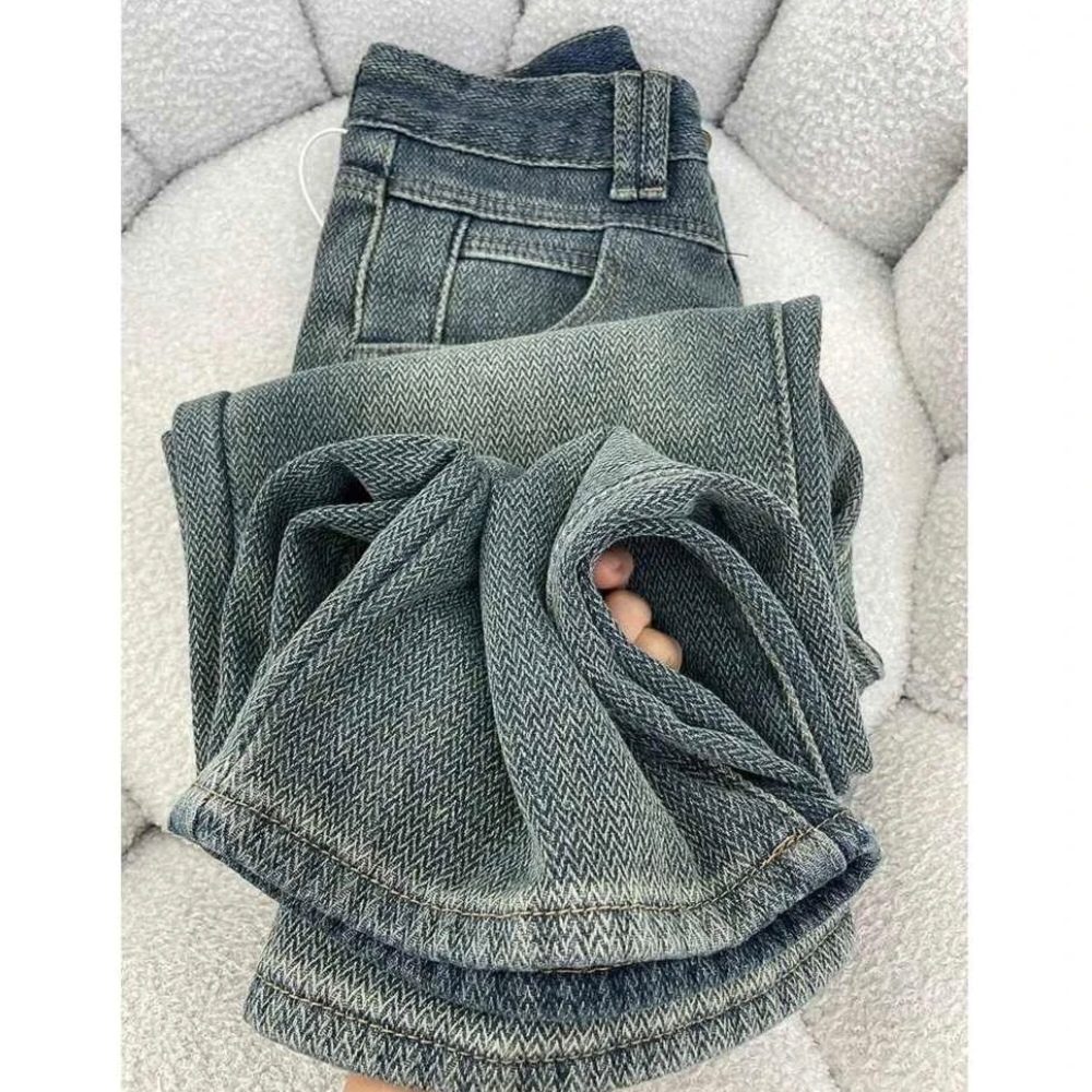 H高腰星空纹潮流直筒牛仔裤女秋冬加绒遮胯牛仔裤高级宽松窄版裤