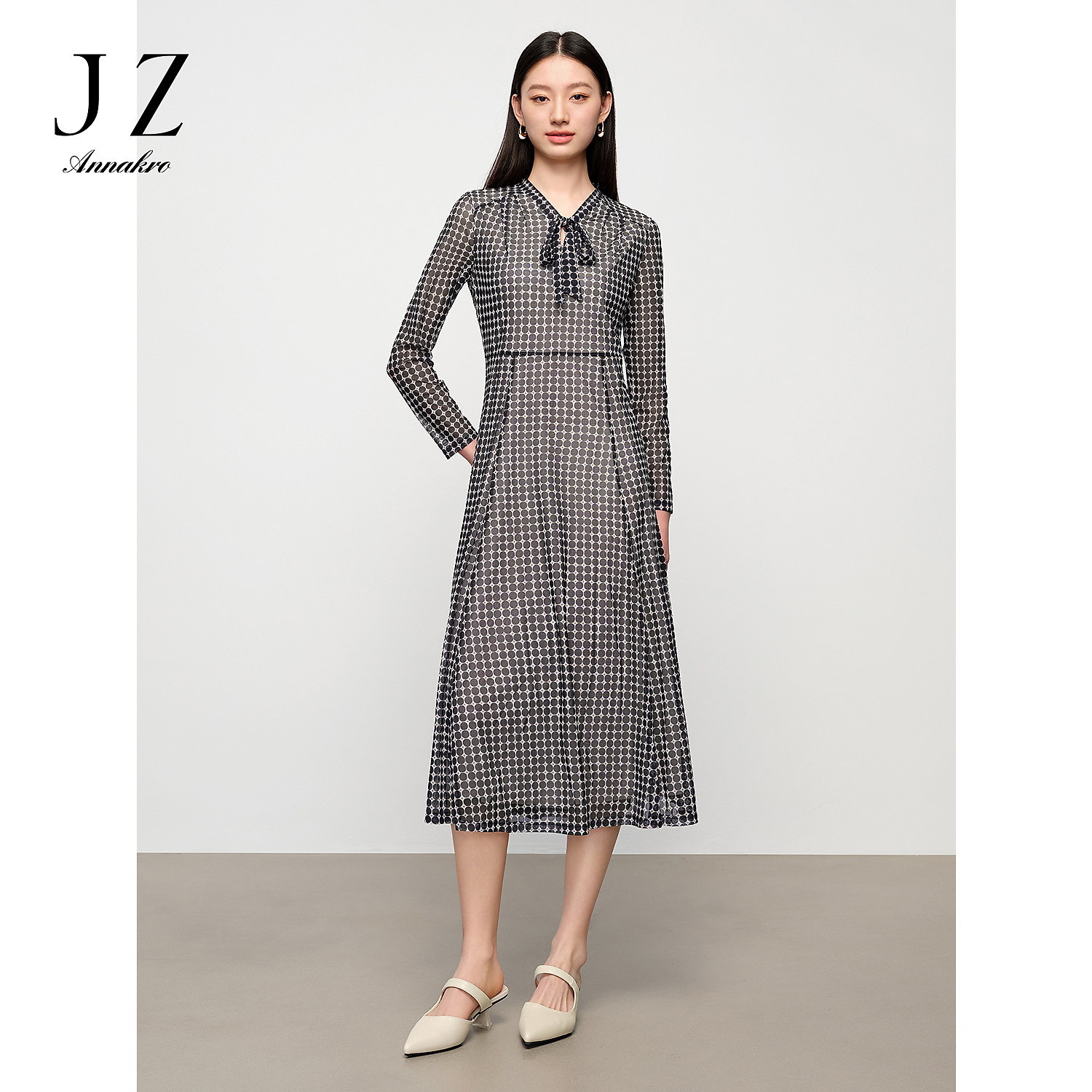 JUZUI玖姿商场同款优雅圆点印花纱罗连衣裙女春季