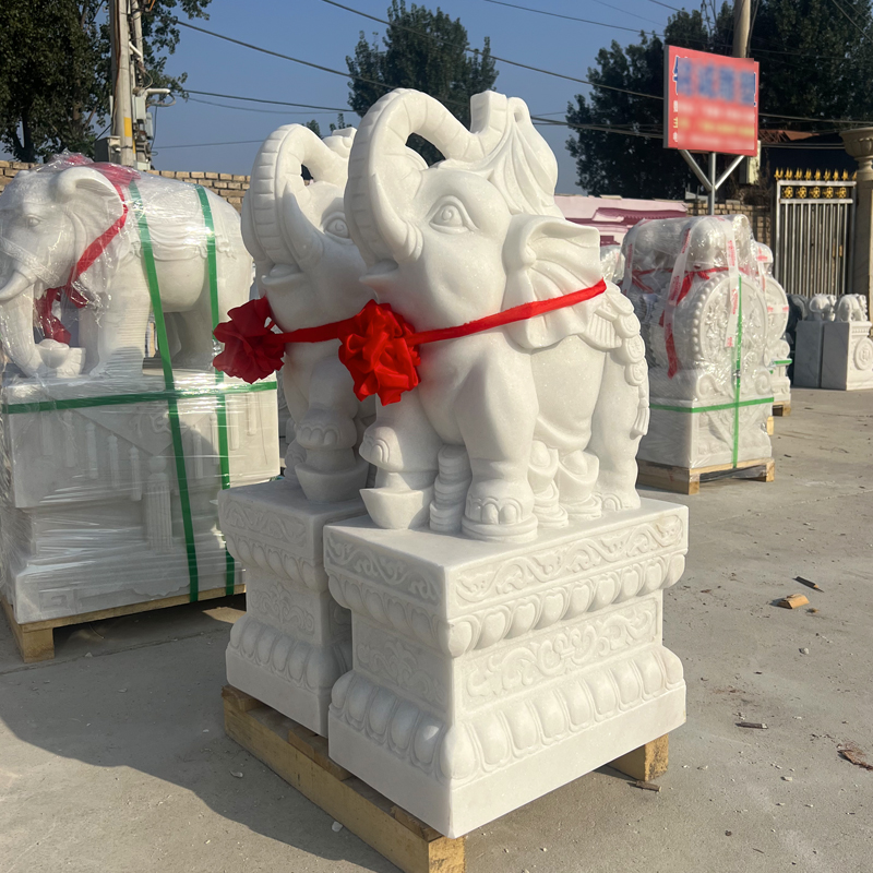石雕汉白玉小象门墩抱鼓石一对酒店别墅门口青石象墩装饰招财摆件