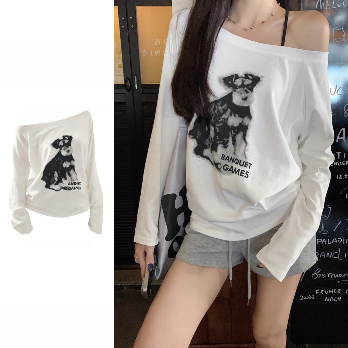 韩系白色小狗印花斜肩长袖t恤女秋季宽松慵懒设计感小众露肩上衣