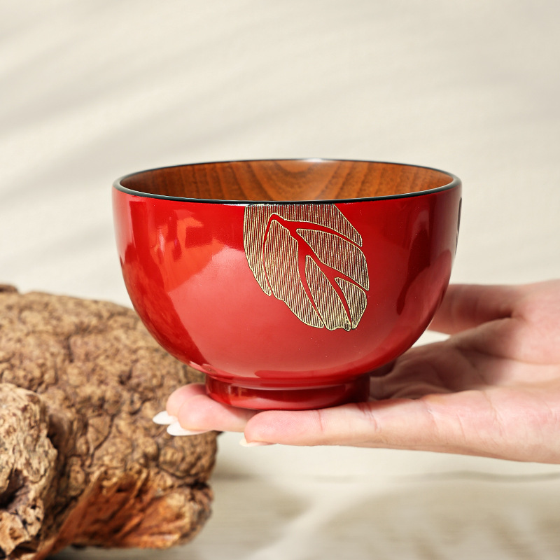 home结婚喜庆红色木碗送礼树叶樱花饭碗手工描金碗中式家用小汤碗