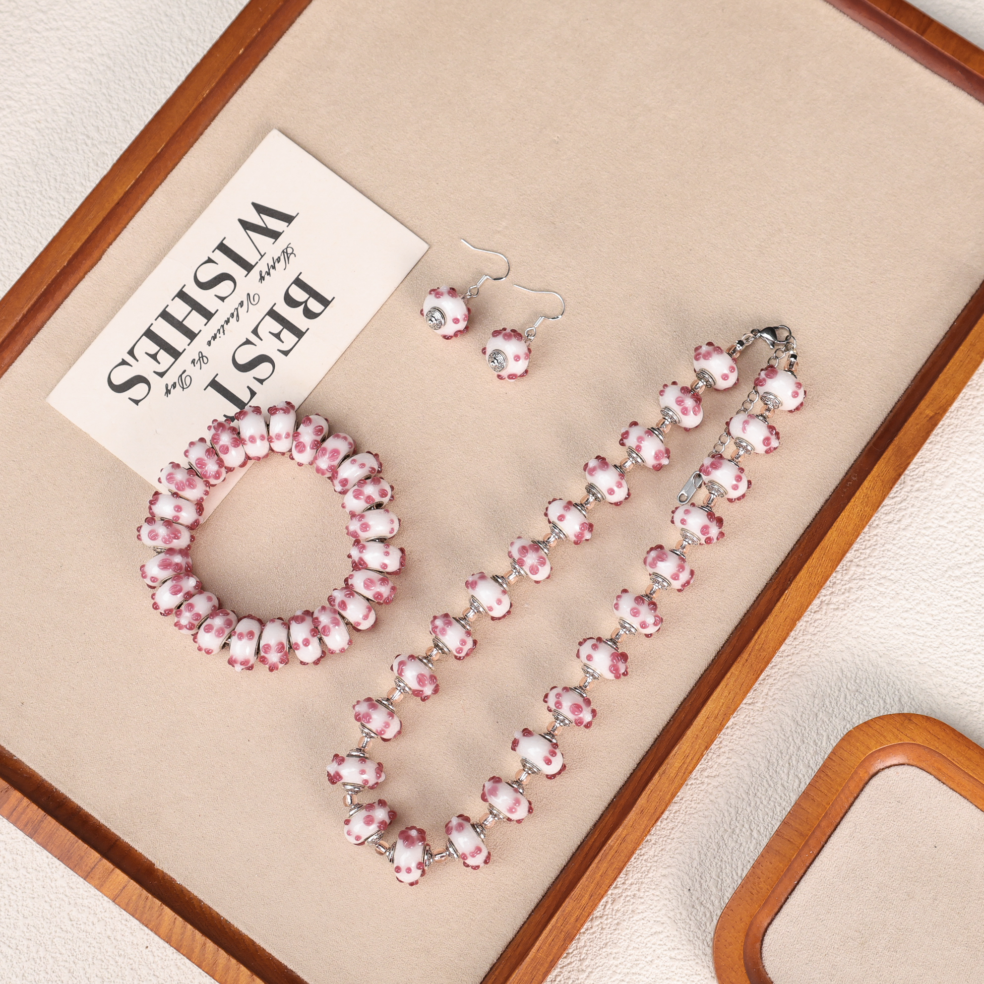 琉璃手链 LZ5184白粉小花转转筒琉璃项链耳环手串