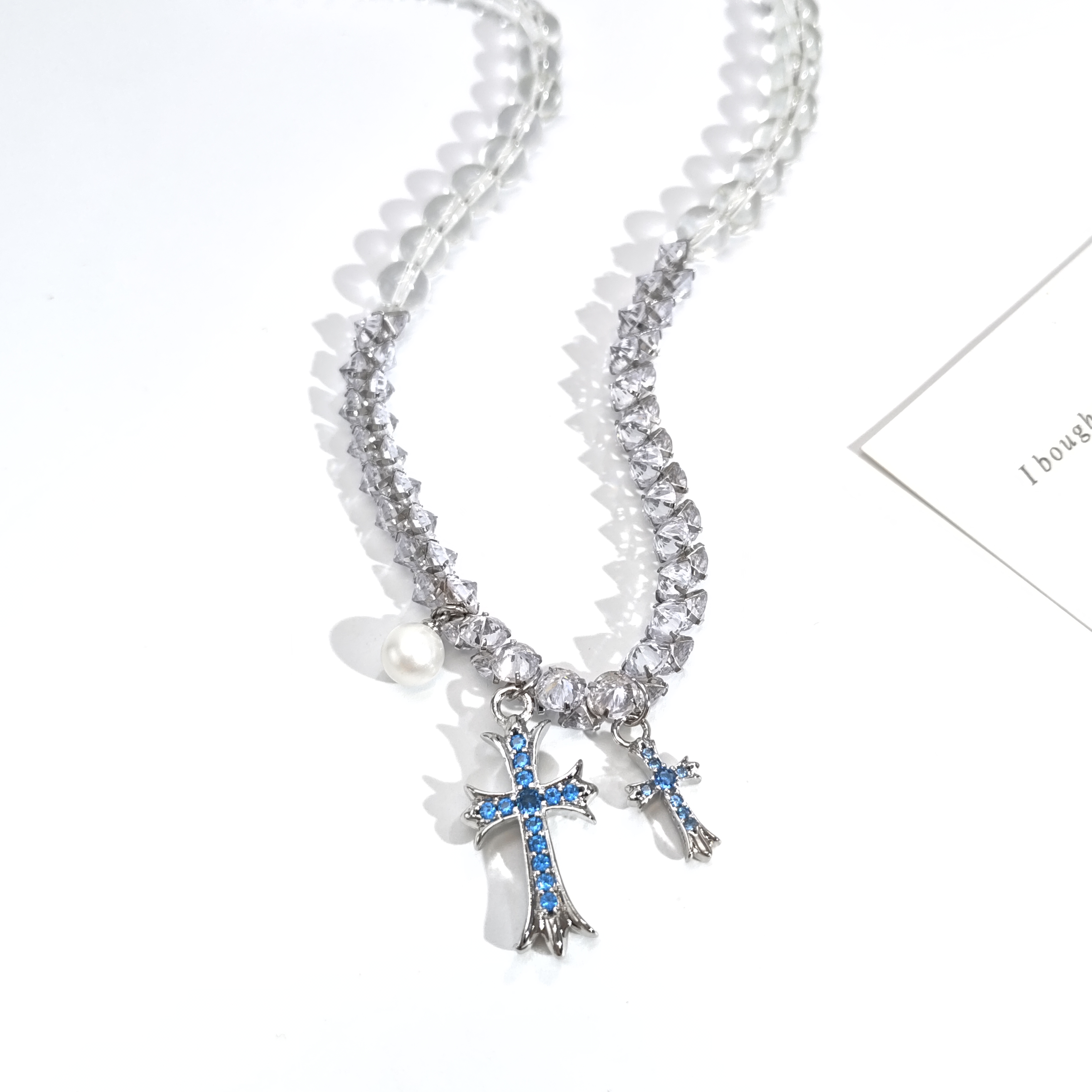 铜合金仿水晶项链 06666高级时尚闪闪气泡水蓝十字气质项链