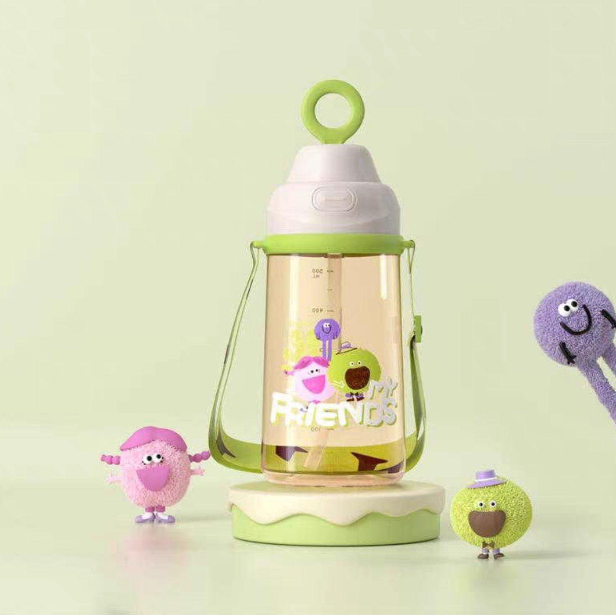 婴童双饮口水杯带背带